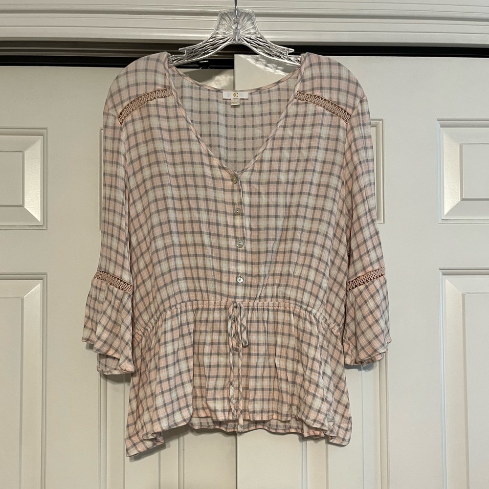 Charming Charlie's pink plaid bell sleeve blouse